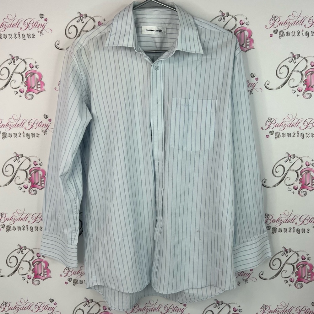 Pierre Cardin button up long sleeve embroidered Light Blue Striped Dress Shirt